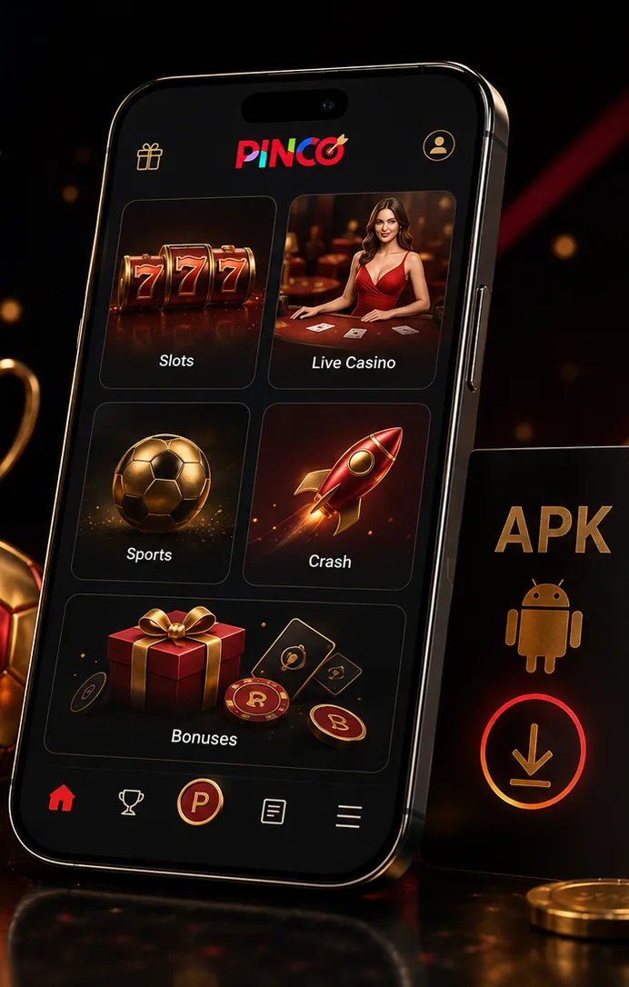 Pinco mobile app sections for games, payments, and bonuses