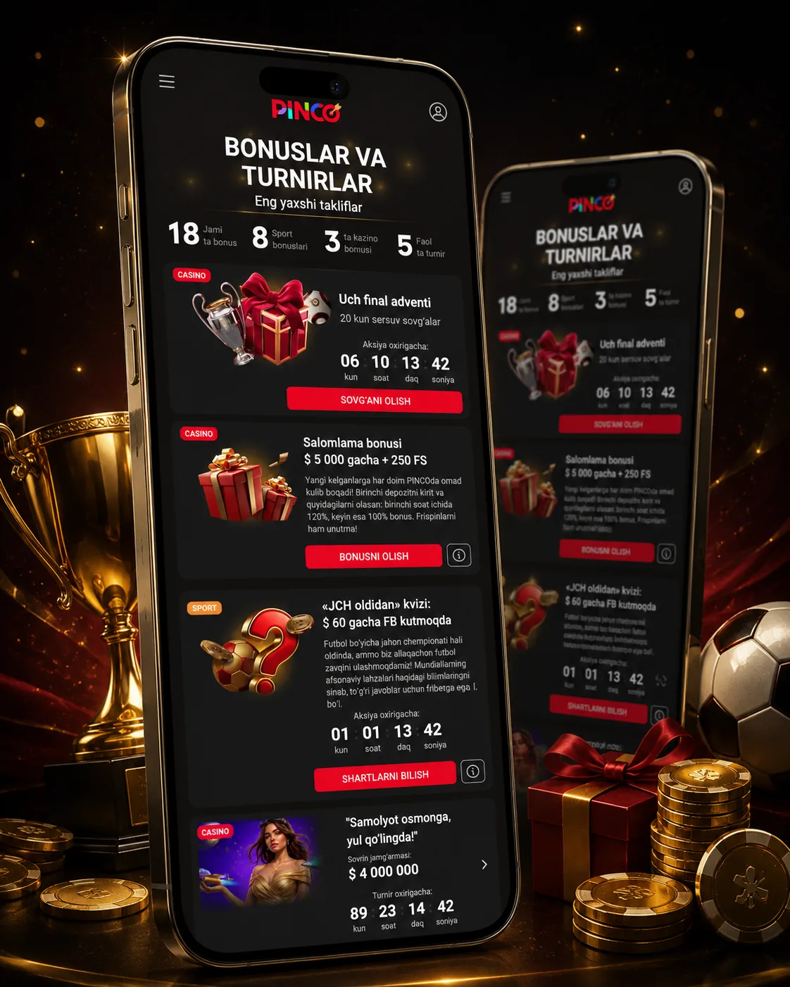 Pinco bonus offers shown on a mobile screen