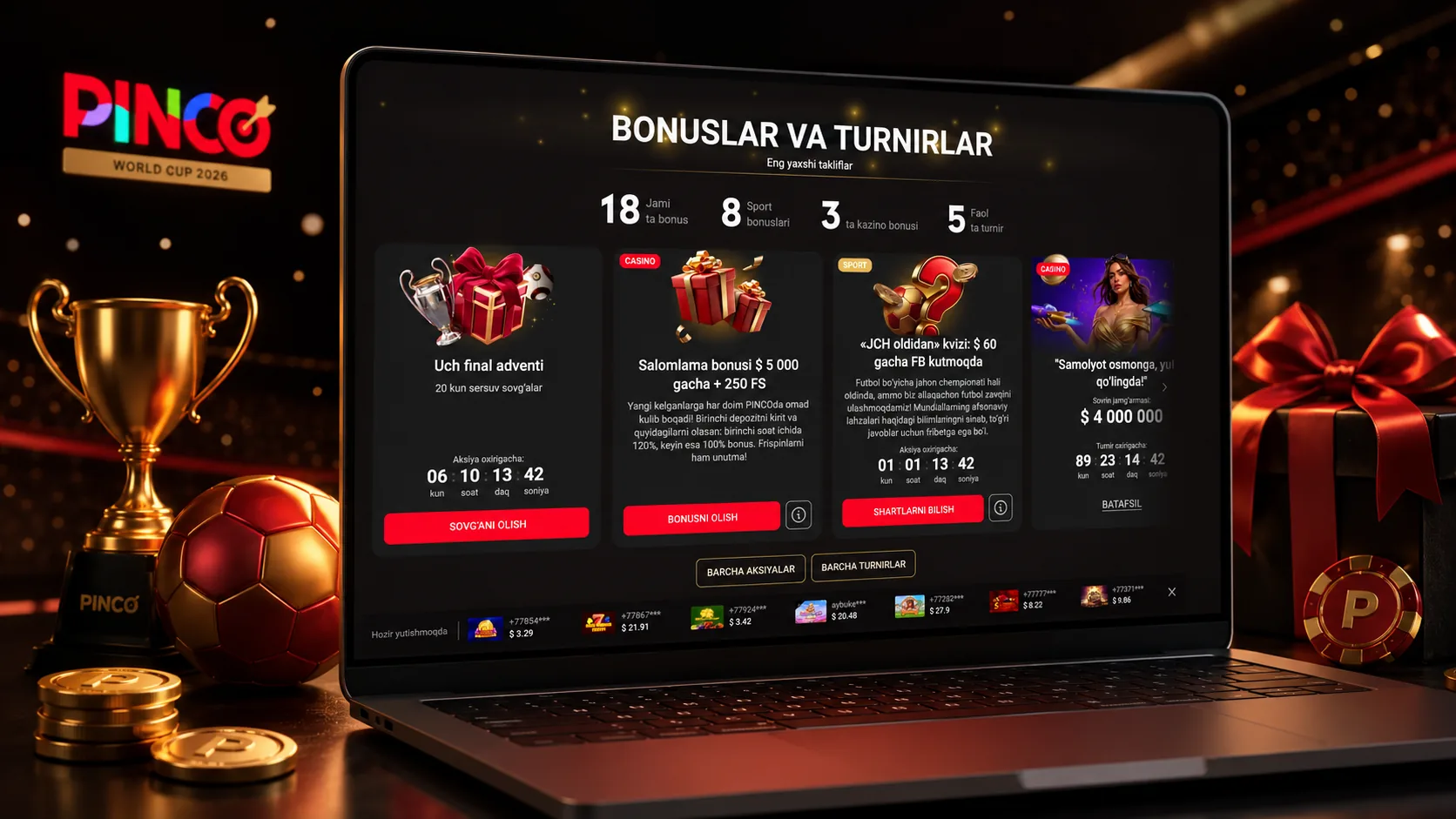Pinco bonuses and tournaments page on a laptop