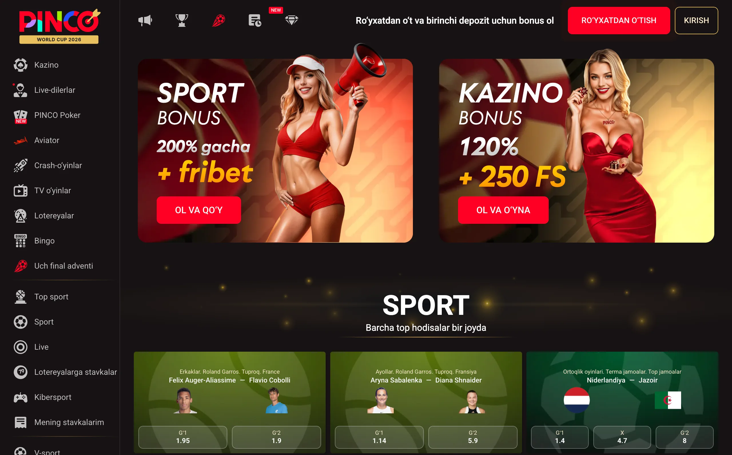 Pinco casino lobby with sports and casino bonus banners