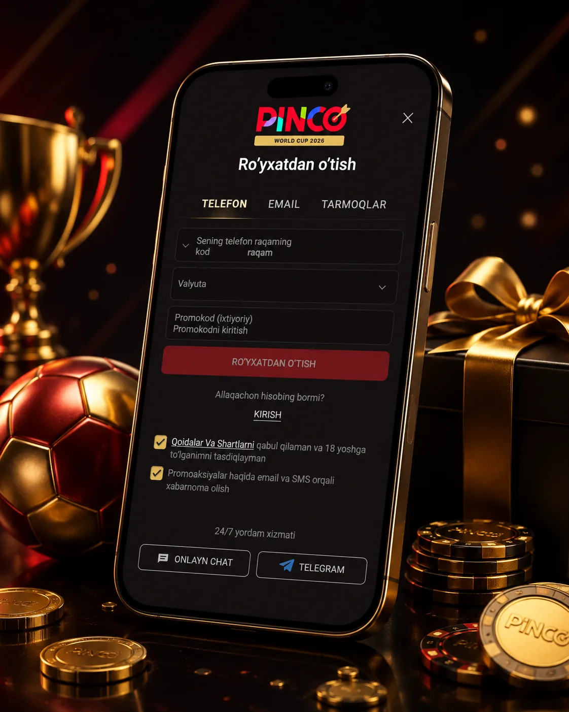 Pinco registration form with email tab selected