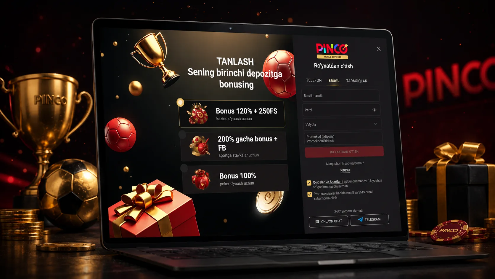 Pinco registration screen with first deposit bonus options